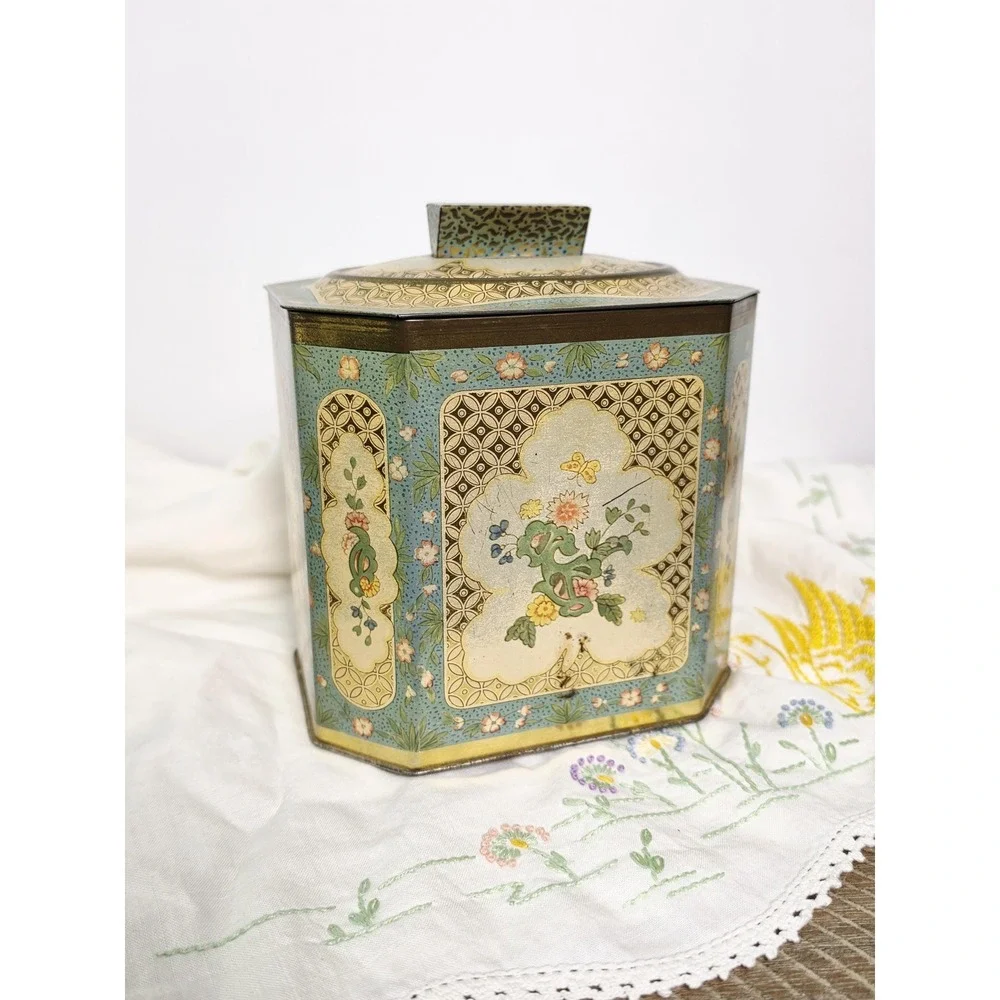 Vintage Baret Ware Floral Biscuit Tin, Gold and‎ Teal Stash Box